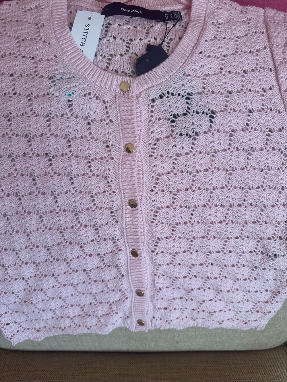🆕 🩷 VERO MODA 'VMKora' Crochet 2/4 O- Neck Button Pink- a- Boo Cardigan🩷 - Picture 7 of 8